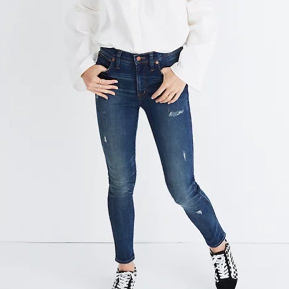 Madewell Denim - Madewell 9" High Rise Skinny Dark Wash Distressed Hole Jeans Size 27